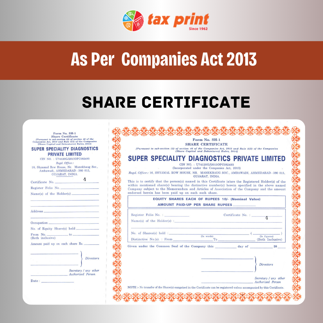 Share Certificate (100 Pc) (As per Companies Act 2013) 3 Tax Print Share certificate in Mumbai as per companies act 2013