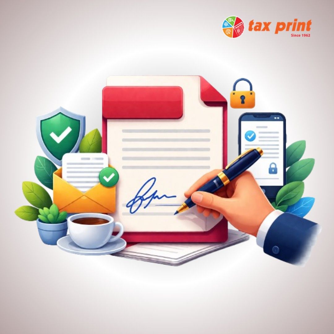 Tax Print PDF Signer Software showing secure digital document signing, electronic signatures, encrypted PDFs, and paperless business documentation.